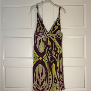 T-bags mini dress vneck purple green print small